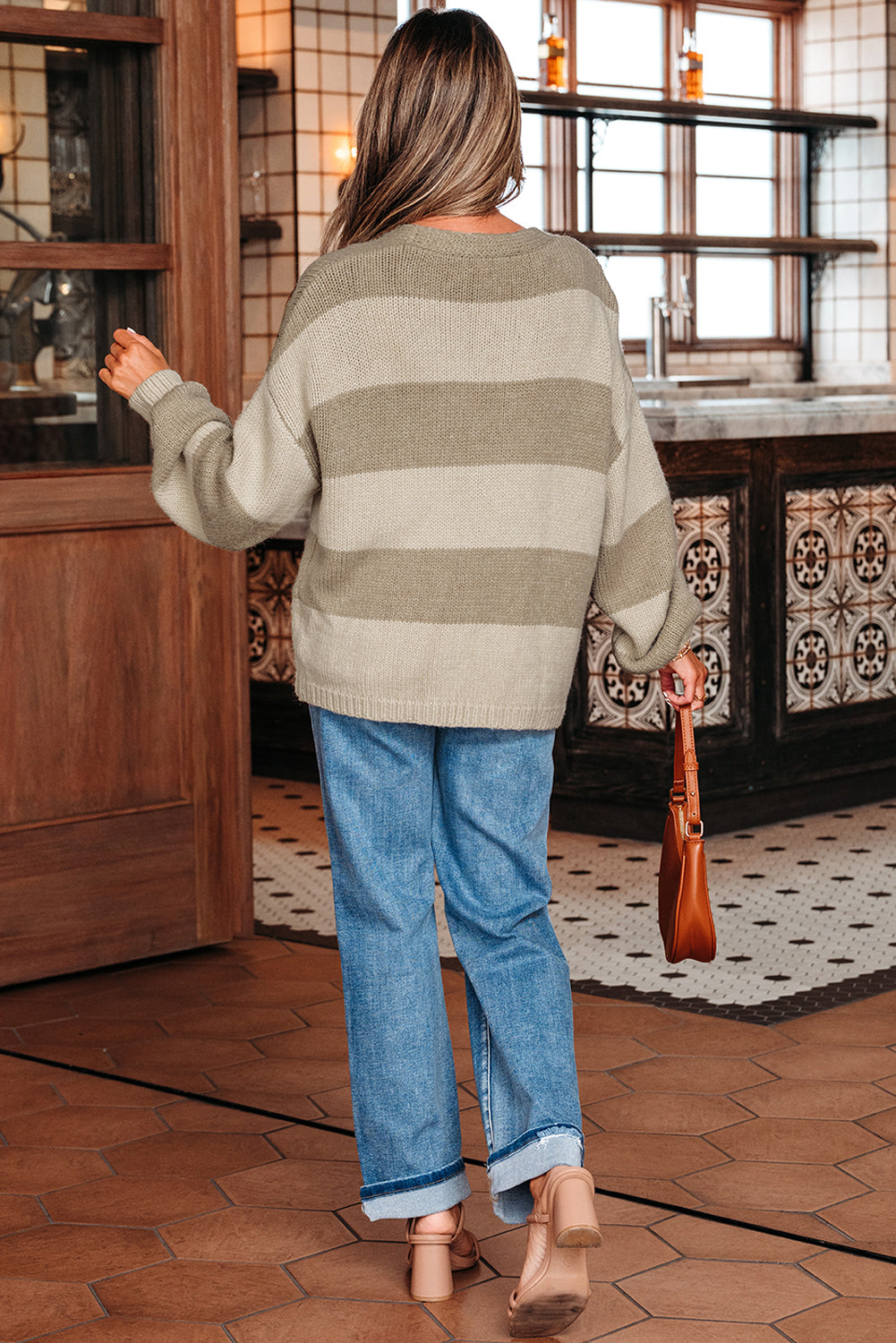 Khaki Striped Color Block Brushed Knit Bow Tie Front Sweater Cardigan-Sweaters & Cardigans/Cardigans-[Adult]-[Female]-2022 Online Blue Zone Planet
