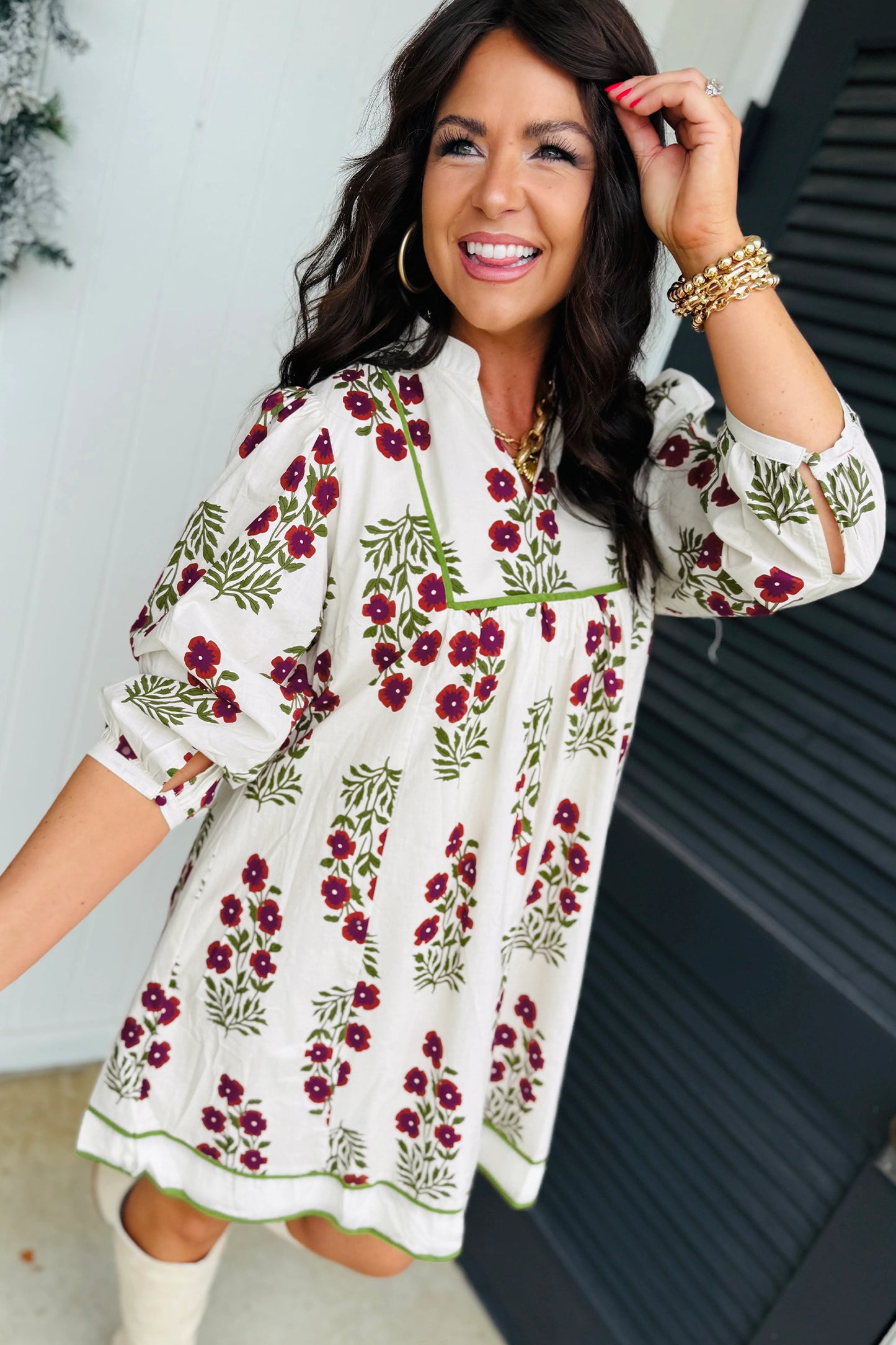 White Frilled V Neck 3/4 Sleeve Loose Floral Dress-TOPS / DRESSES-[Adult]-[Female]-2022 Online Blue Zone Planet