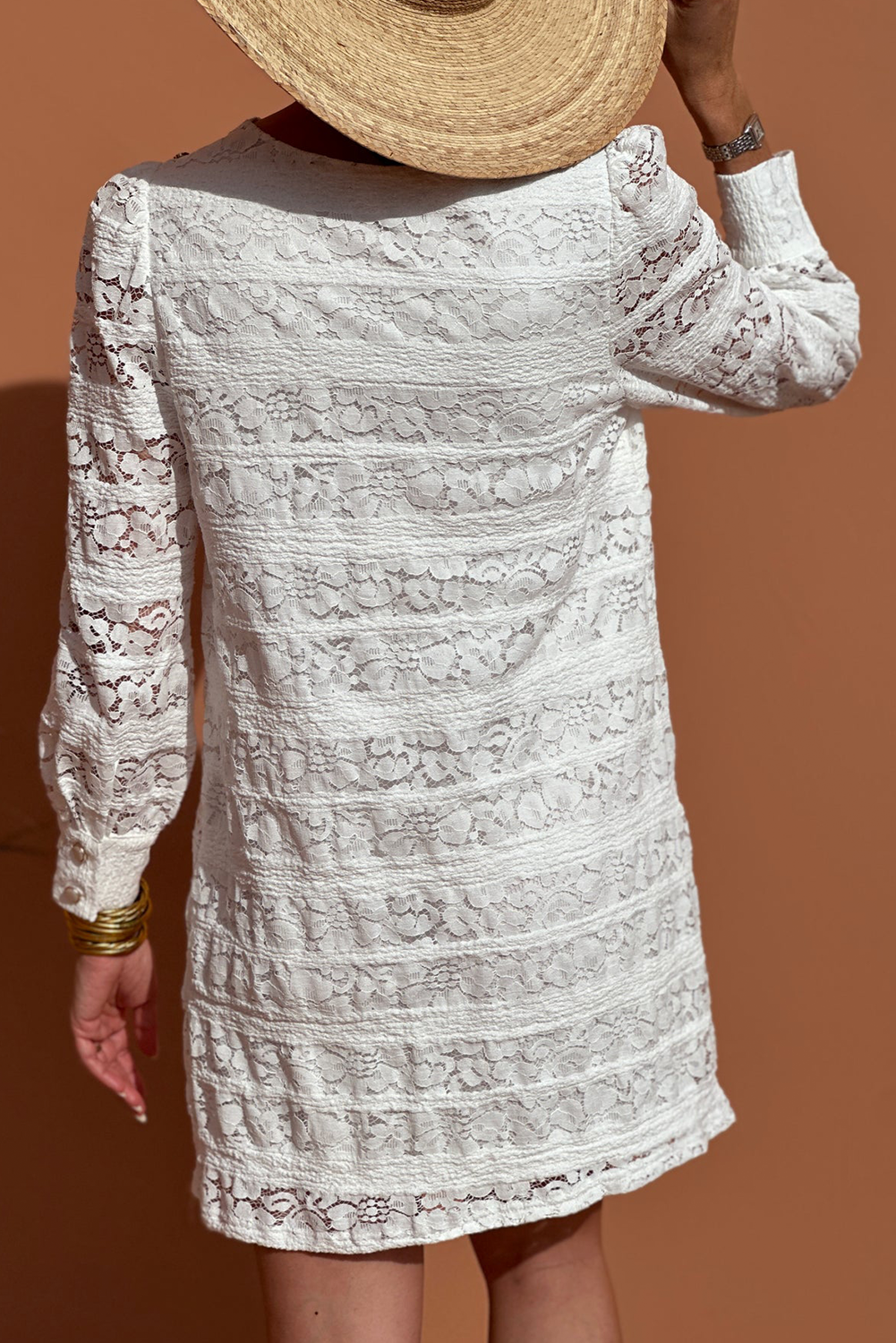 White Lace Crochet Round Neck Puff Sleeve Shift Mini Dress-Dresses/Mini Dresses-[Adult]-[Female]-2022 Online Blue Zone Planet