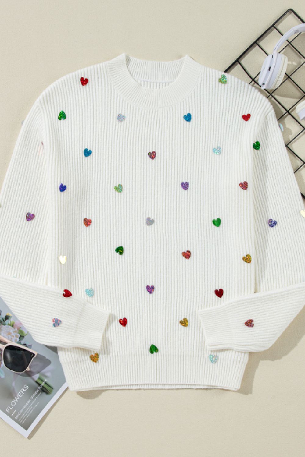 Heart Sequin Round Neck Long Sleeve Sweater-TOPS / DRESSES-[Adult]-[Female]-2022 Online Blue Zone Planet