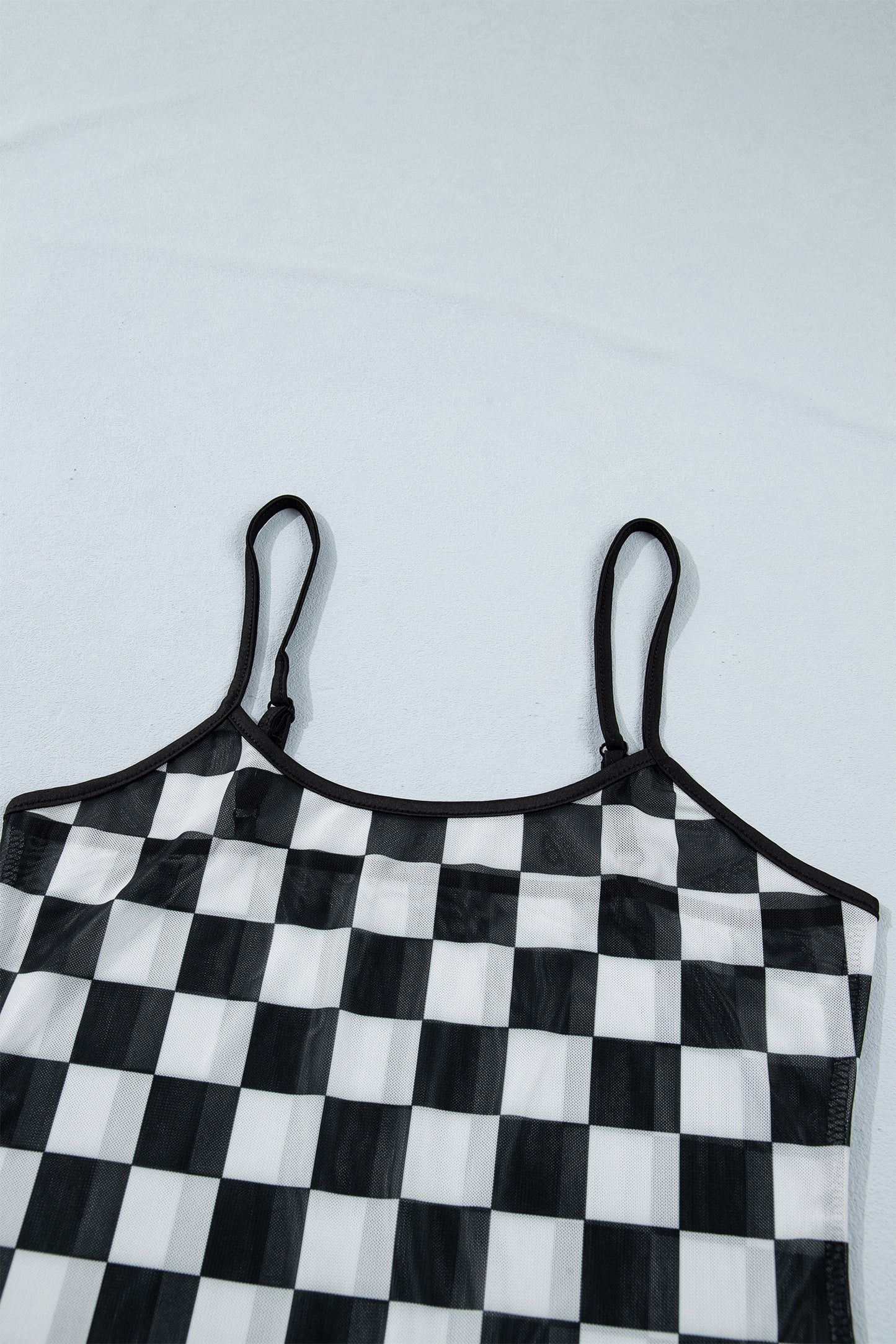 Black Sheer Checkered Print Spaghetti Straps Slim Tank Top-Tops/Tank Tops-[Adult]-[Female]-2022 Online Blue Zone Planet