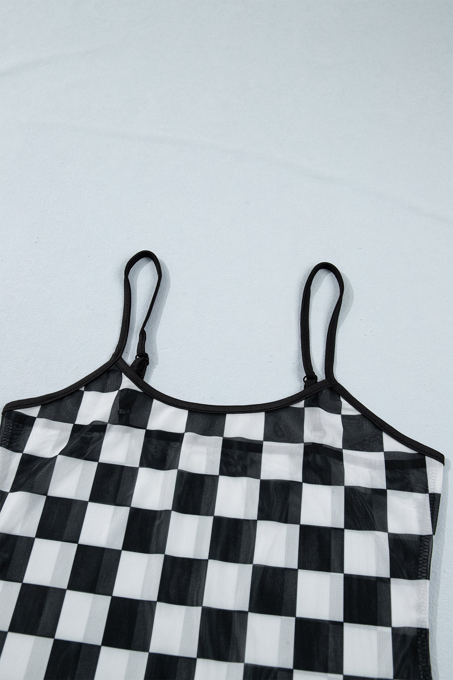 Black Sheer Checkered Print Spaghetti Straps Slim Tank Top-Tops/Tank Tops-[Adult]-[Female]-2022 Online Blue Zone Planet