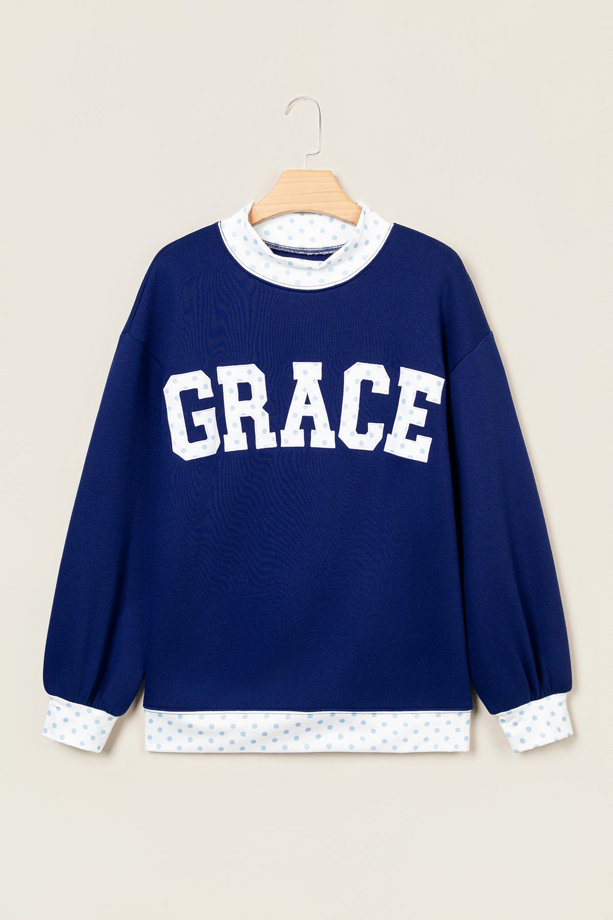 Dirty blue Polka Dot Trim High Neck GRACE Letter Graphic Baggy Sweatshirt-Tops/Sweatshirts & Hoodies-[Adult]-[Female]-2022 Online Blue Zone Planet