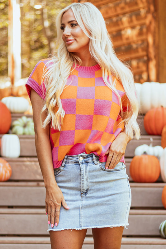 Color Black Colorblock Plaid Pattern Ribbed Trim Sweater Tank Top-Sweaters & Cardigans/Sweater Vests-[Adult]-[Female]-Strawberry Pink-S-2022 Online Blue Zone Planet