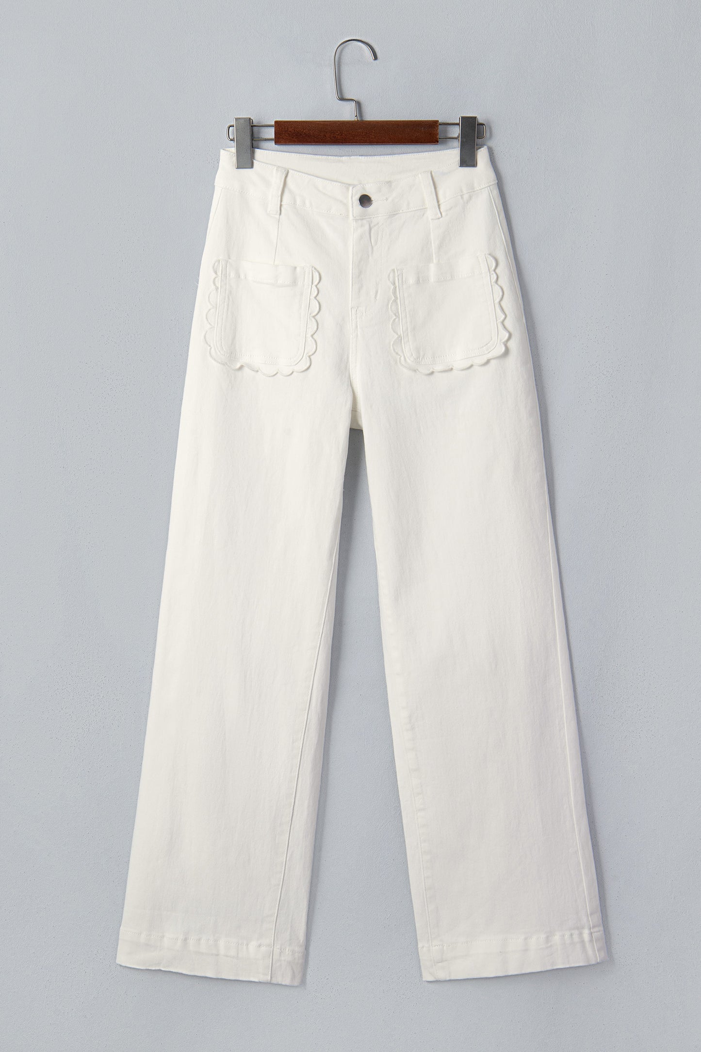 White Solid Color Scalloped Patch Pocket Shift Jeans-Bottoms/Jeans-[Adult]-[Female]-2022 Online Blue Zone Planet