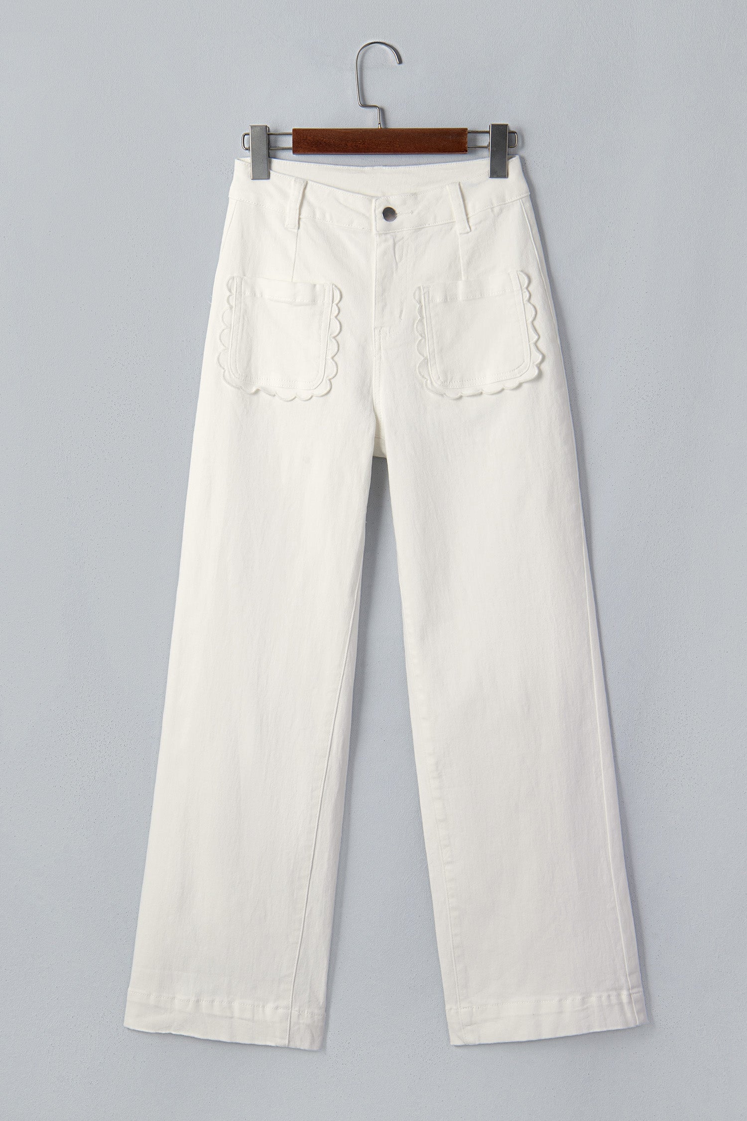 White Solid Color Scalloped Patch Pocket Shift Jeans-Bottoms/Jeans-[Adult]-[Female]-2022 Online Blue Zone Planet