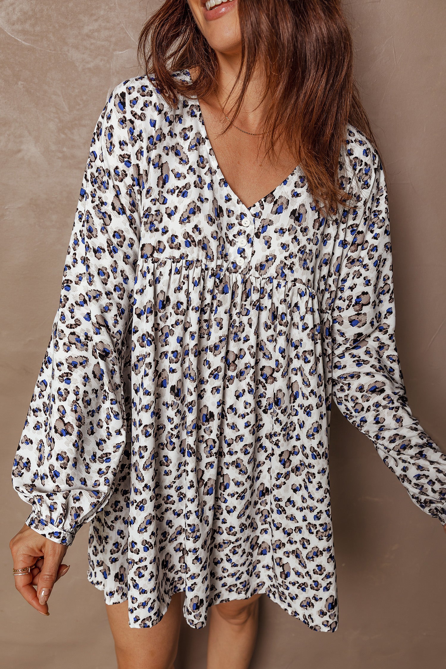 Multicolour Leopard Print V Neck Button Detail Long Sleeve Mini Dress-TOPS / DRESSES-[Adult]-[Female]-2022 Online Blue Zone Planet