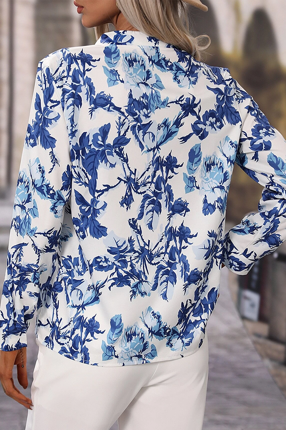 Sky Blue Floral Print Notched Neck Elegant Blouse-Tops/Blouses & Shirts-[Adult]-[Female]-2022 Online Blue Zone Planet