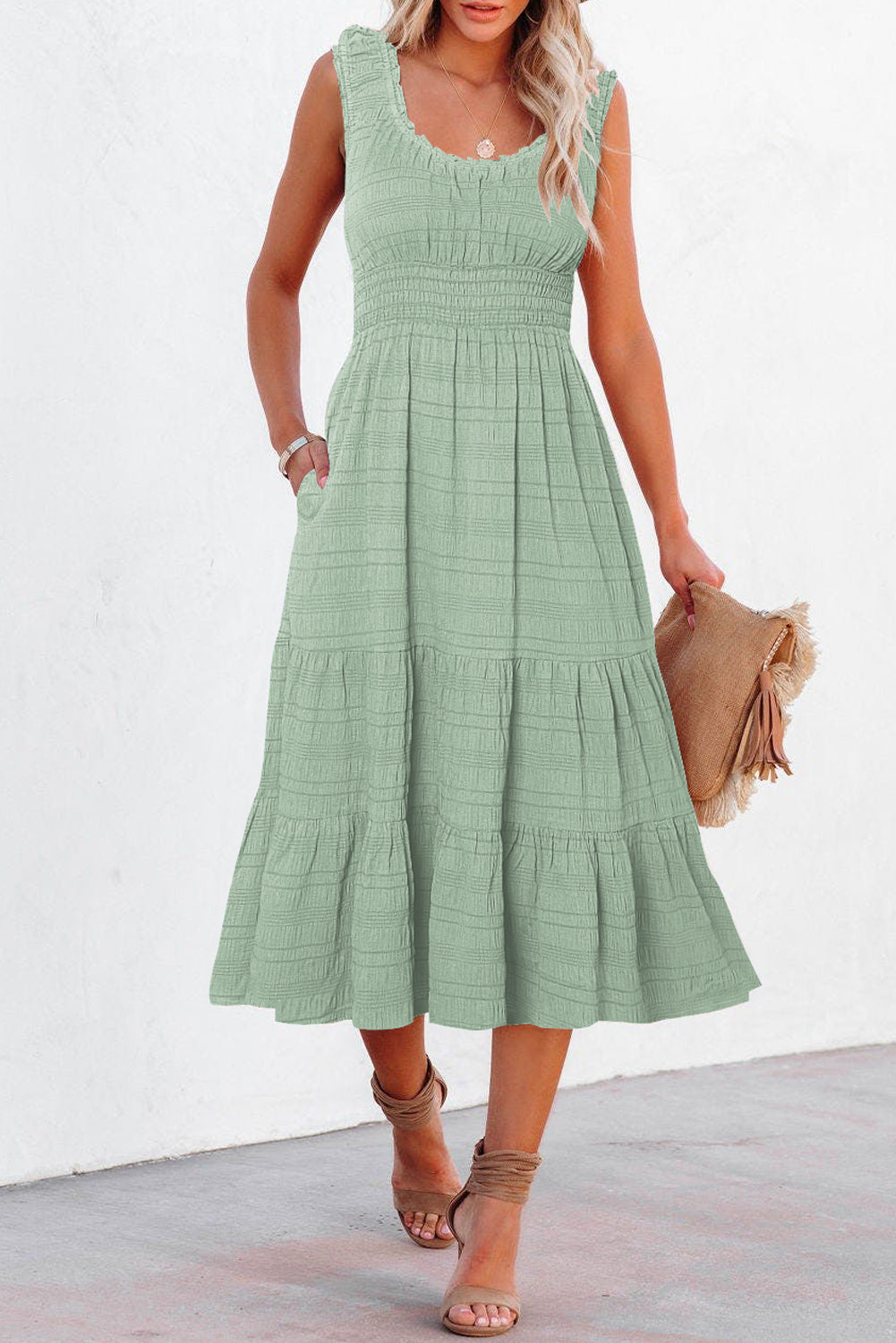Sky Blue Shirred Pleated Square Neck Sleeveless Midi Dress-Dresses/Midi Dresses-[Adult]-[Female]-2022 Online Blue Zone Planet
