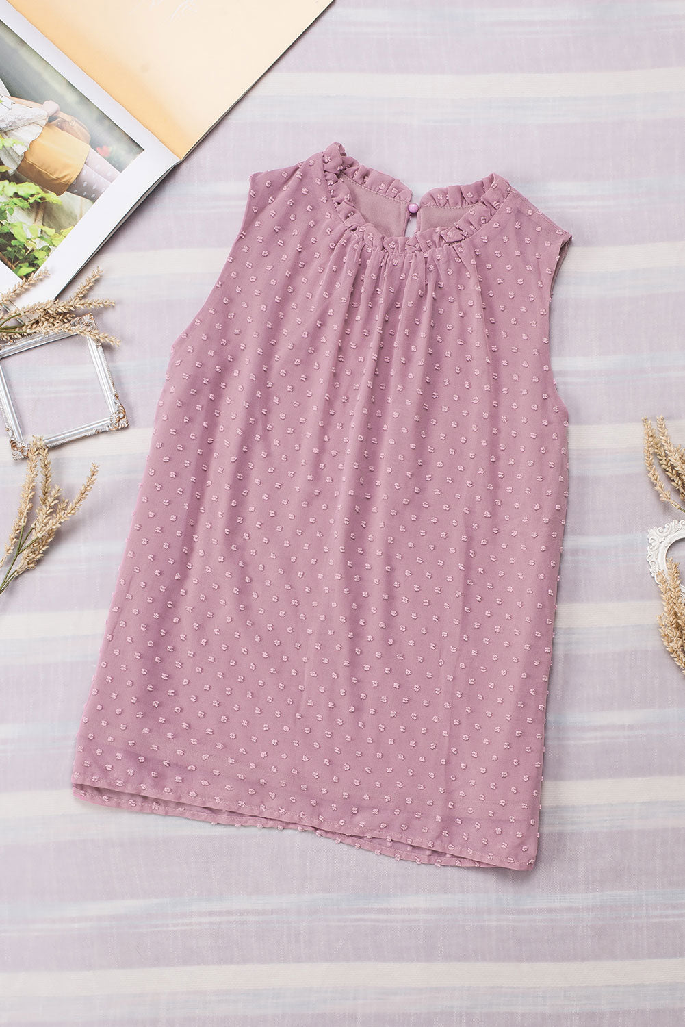 Pink Swiss Dot Sleeveless Ruffle Tank-Tops/Tank Tops-[Adult]-[Female]-2022 Online Blue Zone Planet