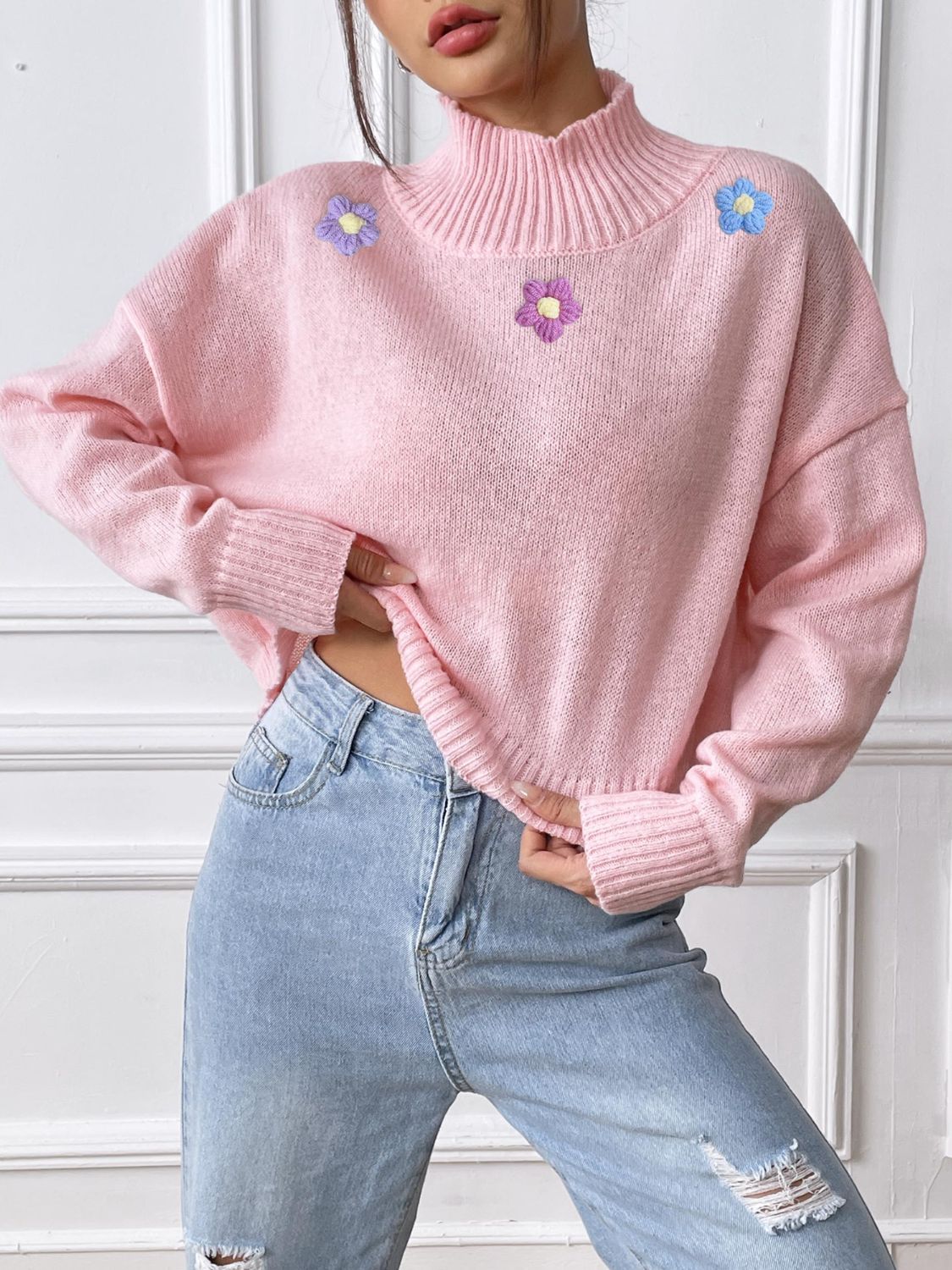 Blue Zone Planet | Flower Turtleneck Long Sleeve Sweater-TOPS / DRESSES-[Adult]-[Female]-Blush Pink-S-2022 Online Blue Zone Planet