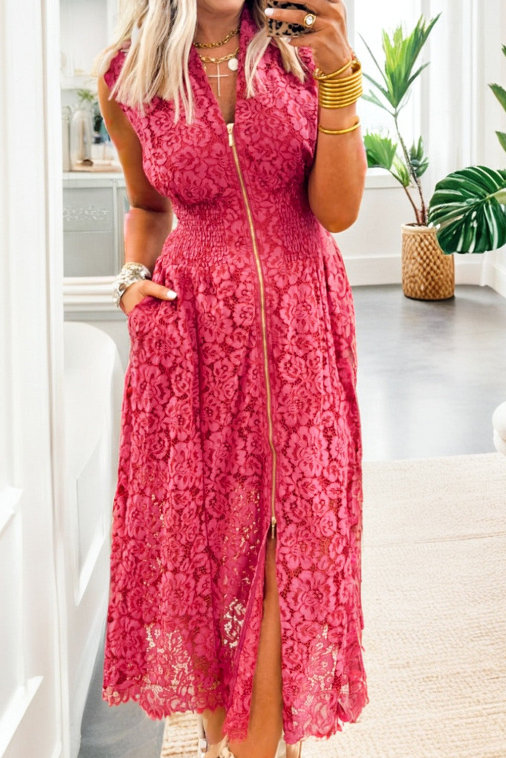 Coral Floral Lace Overlay Zip Up V Neck Smocked Waist Sleeveless Dress-Dresses/Maxi Dresses-[Adult]-[Female]-Coral-S-2022 Online Blue Zone Planet