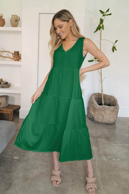 V-Neck Sleeveless Midi Tiered Dress-TOPS / DRESSES-[Adult]-[Female]-Green-S-2022 Online Blue Zone Planet