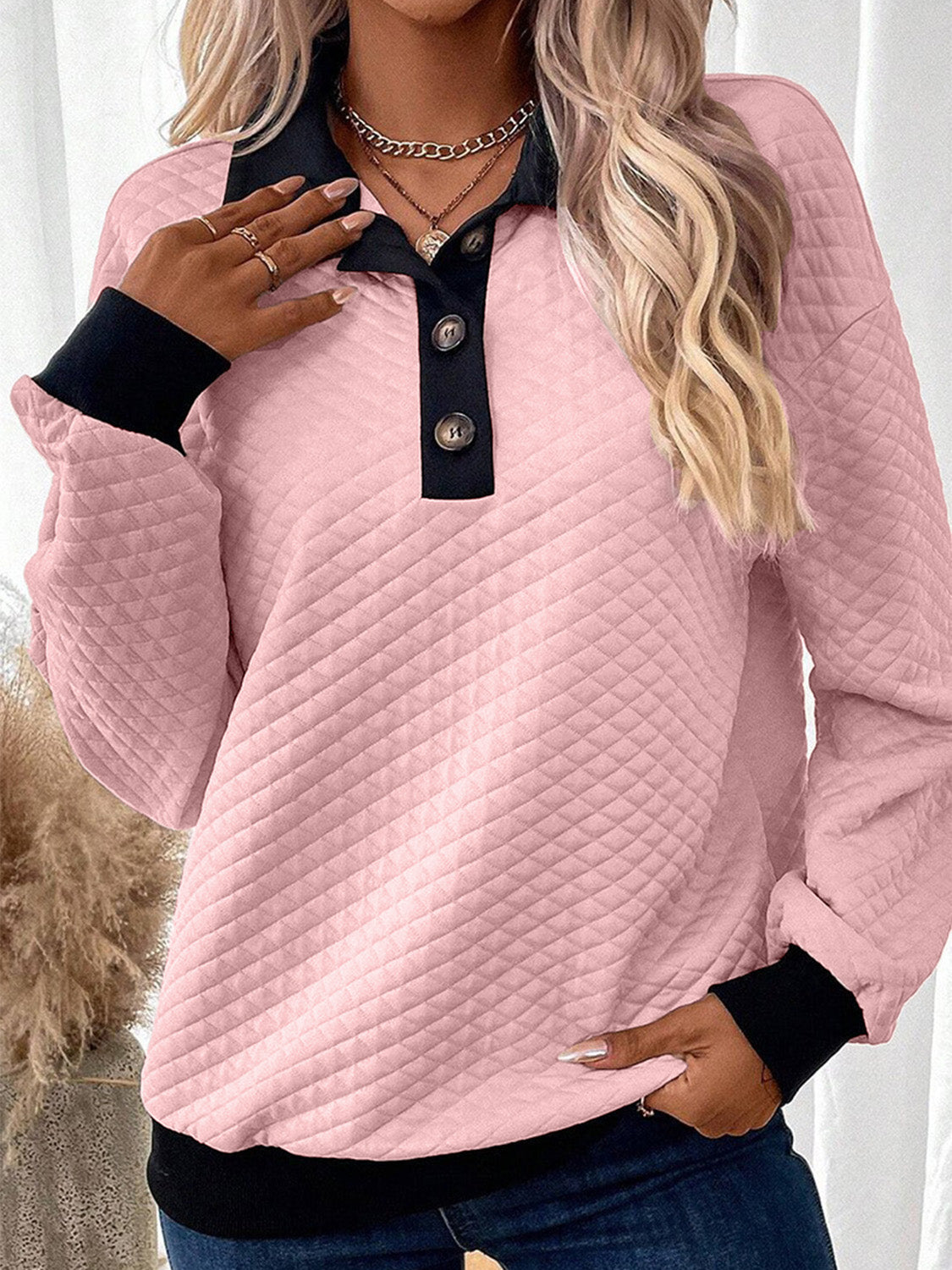 Texture Quarter Button Long Sleeve Sweatshirt-TOPS / DRESSES-[Adult]-[Female]-Blush Pink-S-2022 Online Blue Zone Planet