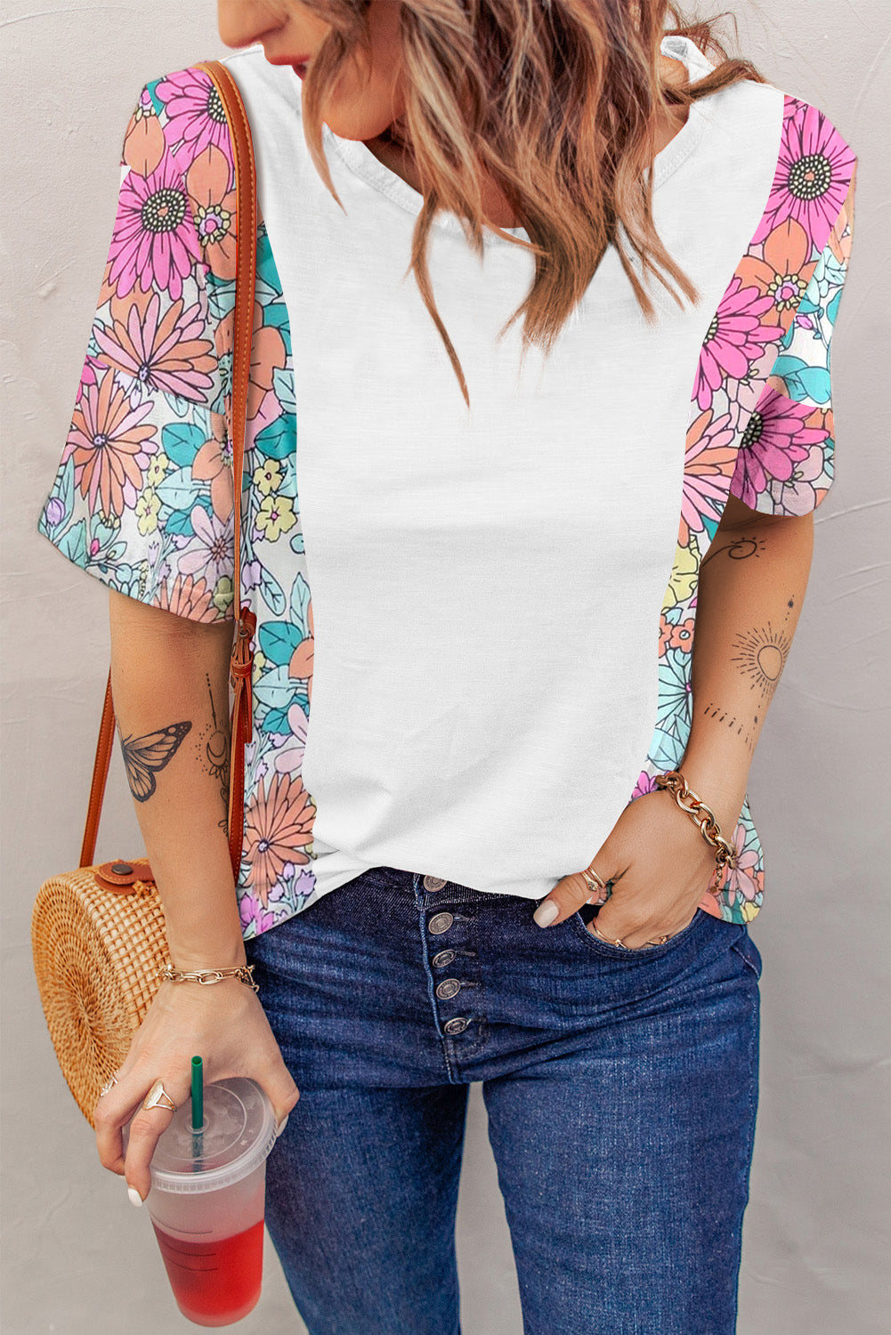 White Floral Print Patchwork Short Sleeve Top-Tops/Tops & Tees-[Adult]-[Female]-2022 Online Blue Zone Planet