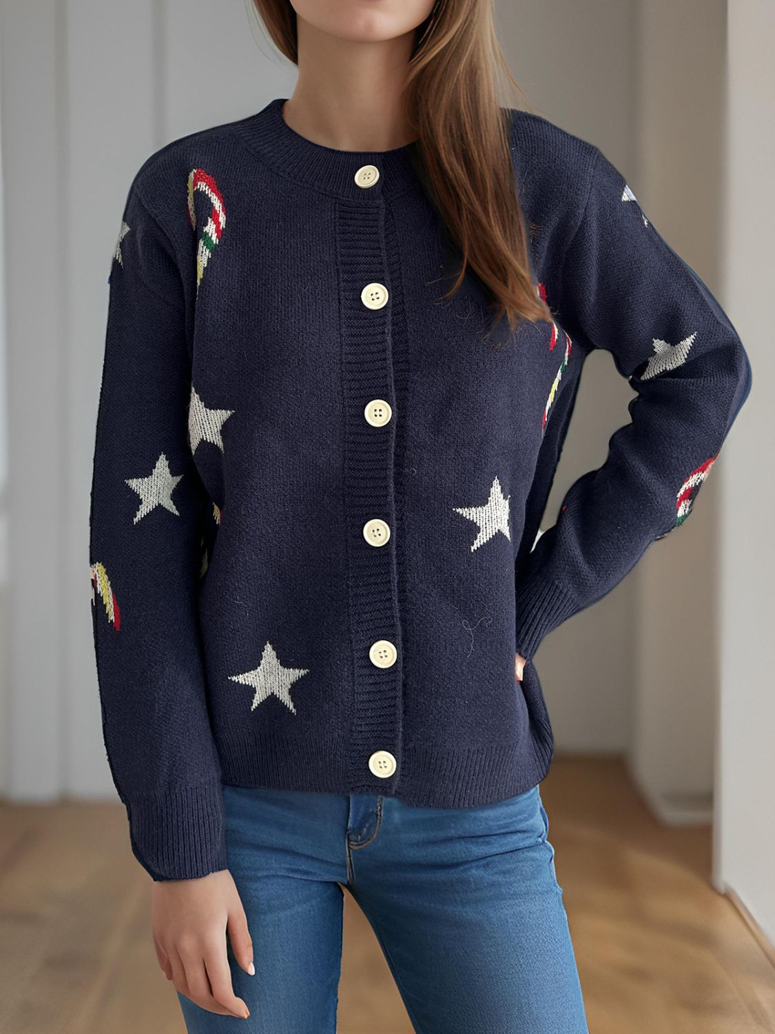 Candy Cane & Star Button Down Long Sleeve Cardigan-TOPS / DRESSES-[Adult]-[Female]-2022 Online Blue Zone Planet