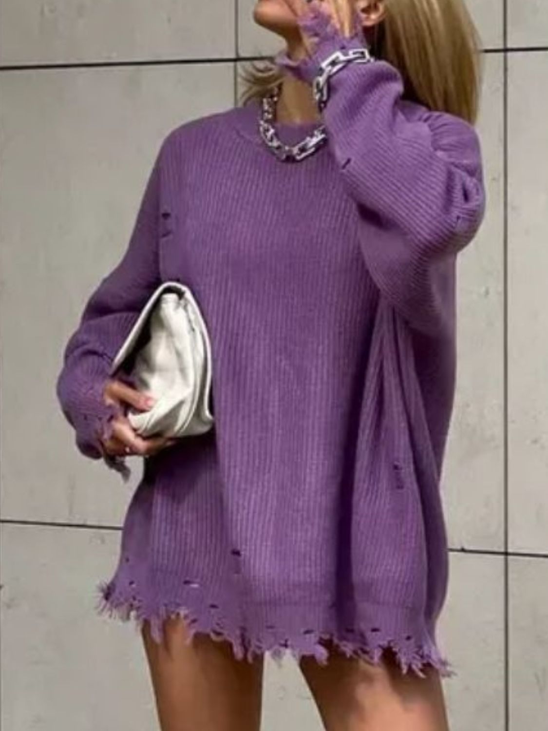 Blue Zone Planet | Distressed Round Neck Long Sleeve Sweater-TOPS / DRESSES-[Adult]-[Female]-Mauve-One Size-2022 Online Blue Zone Planet