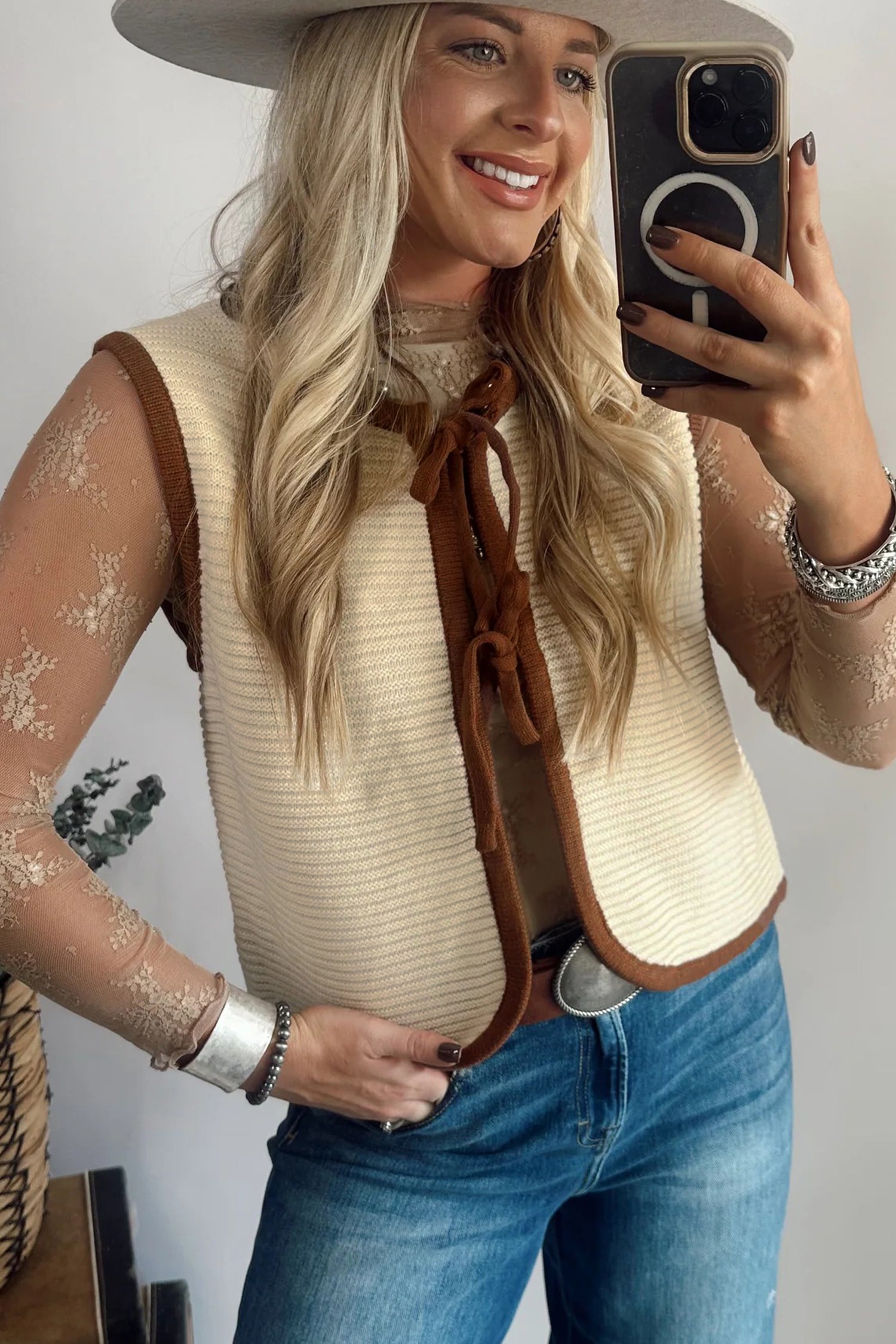 White Horizontal Ribbed Knit Contrast Trim Ties Front Sweater Vest-TOPS / DRESSES-[Adult]-[Female]-2022 Online Blue Zone Planet