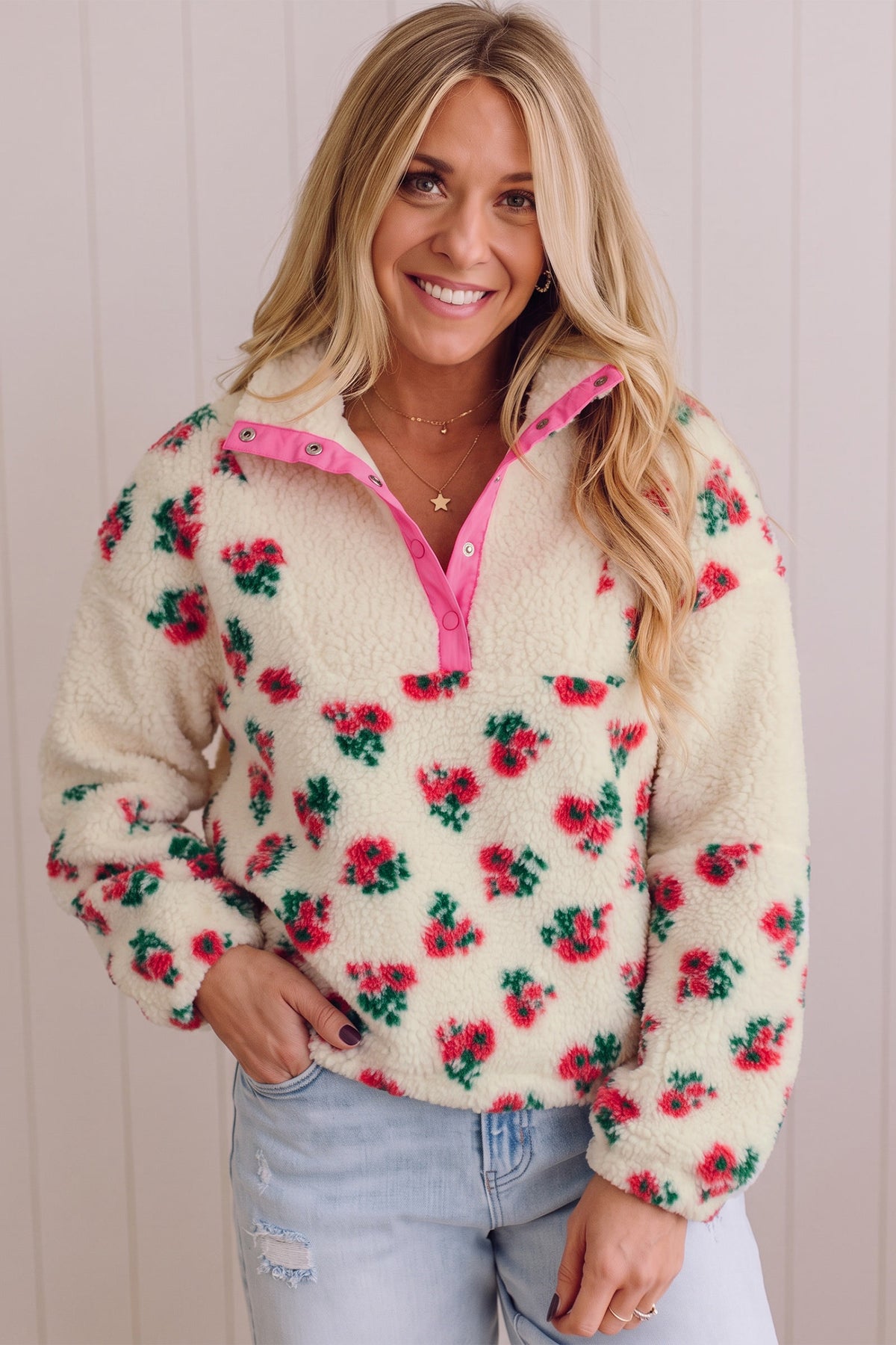 White Floral Print Fleece Contrast Trim Button Collar Sweatshirt