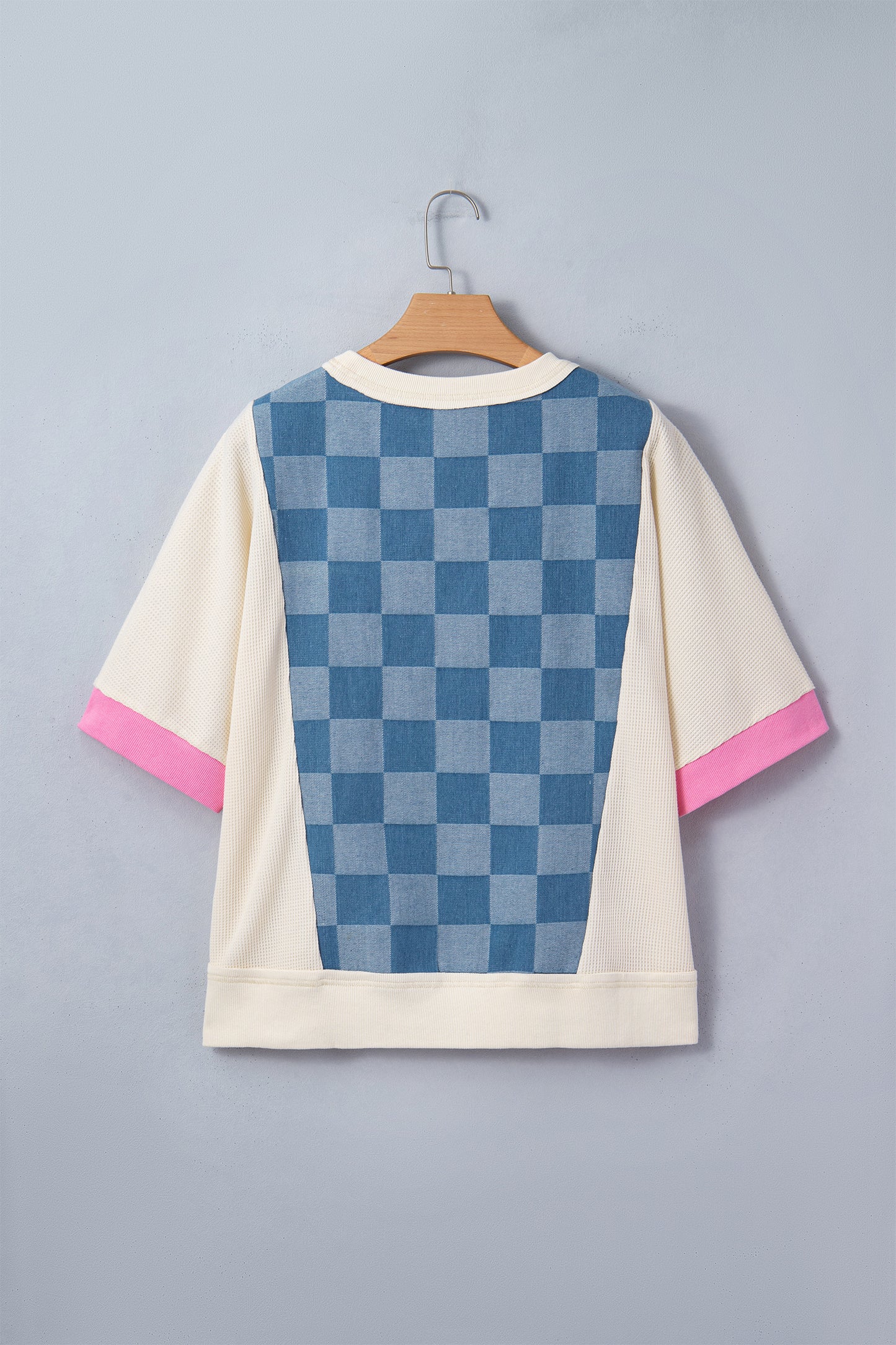 Dusk Blue Checkered Denim Patchwork Short Sleeve Loose Top-Tops/Tops & Tees-[Adult]-[Female]-2022 Online Blue Zone Planet