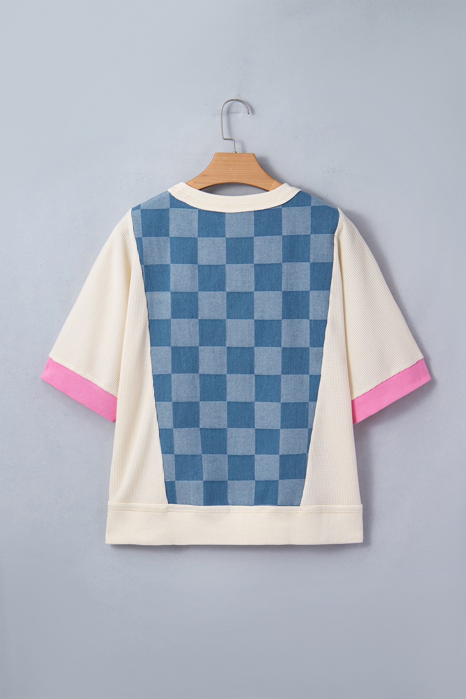 Dusk Blue Checkered Denim Patchwork Short Sleeve Loose Top-Tops/Tops & Tees-[Adult]-[Female]-2022 Online Blue Zone Planet