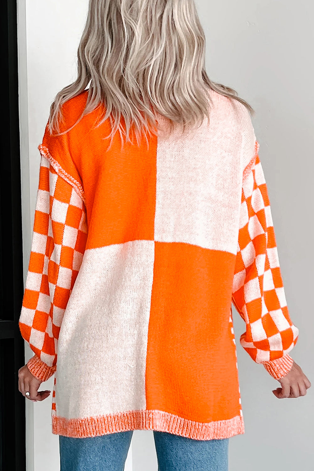 Orange Checkered Open Front Drop Shoulder Cardigan-Sweaters & Cardigans/Cardigans-[Adult]-[Female]-2022 Online Blue Zone Planet