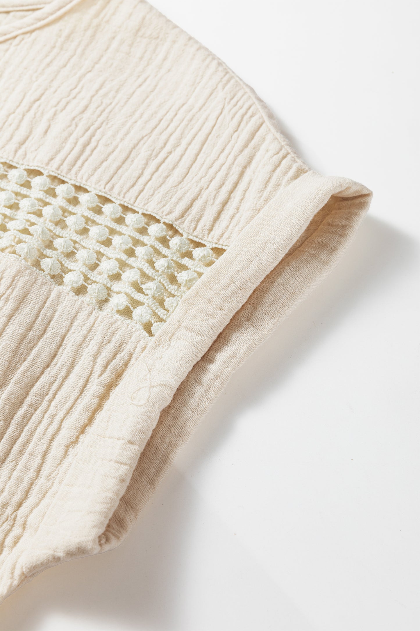 Beige Crochet Insert Textured Cotton Short Sleeve Blouse Top-Tops/Blouses & Shirts-[Adult]-[Female]-2022 Online Blue Zone Planet