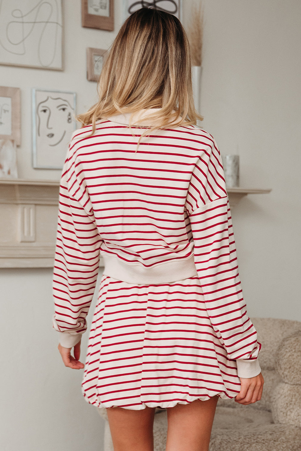 Red Stripe Cropped Collared Drop Shoulder Pullover And Bubble Mini Skirt Set-Two Piece Sets/Two Piece Dresses-[Adult]-[Female]-2022 Online Blue Zone Planet