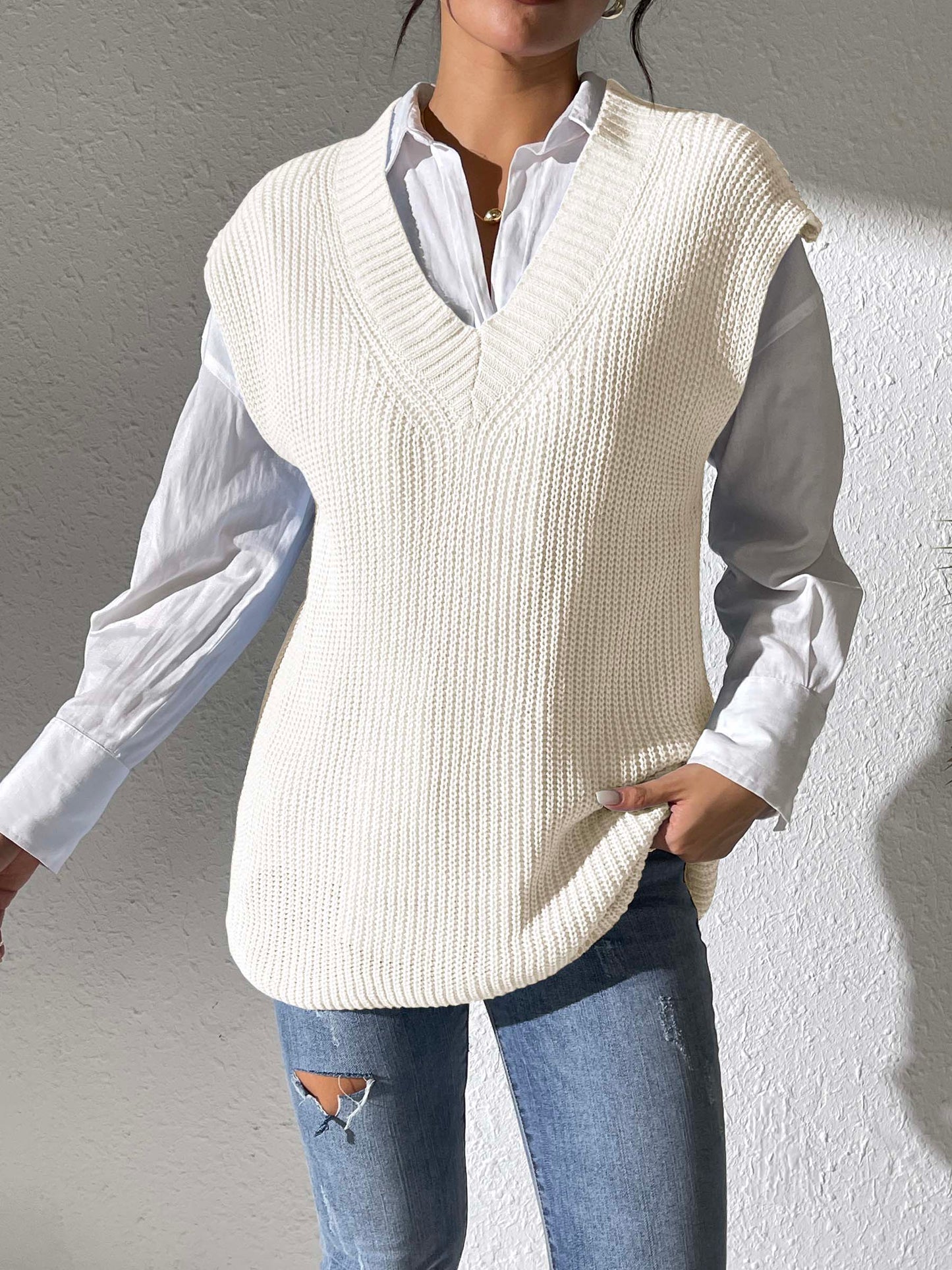 Blue Zone Planet | V-Neck Sweater Vest-TOPS / DRESSES-[Adult]-[Female]-Ivory-One Size-2022 Online Blue Zone Planet