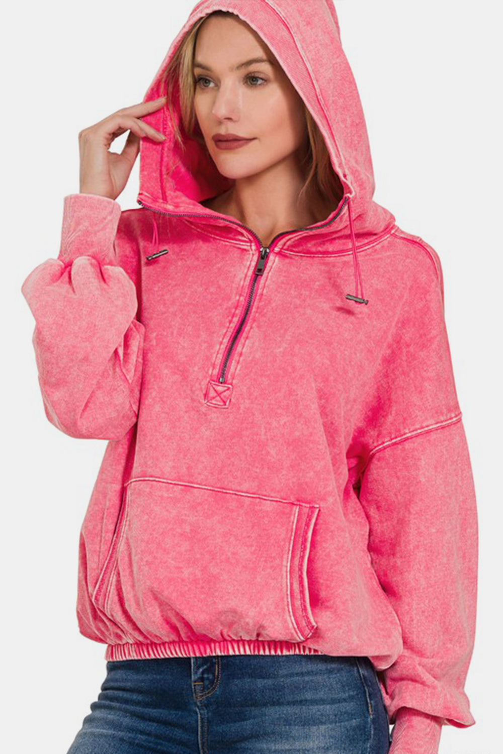 Blue Zone Planet | Zenana Drawstring Half Zip Dropped Shoulder Hoodie-Tops / Dresses-[Adult]-[Female]-2022 Online Blue Zone Planet