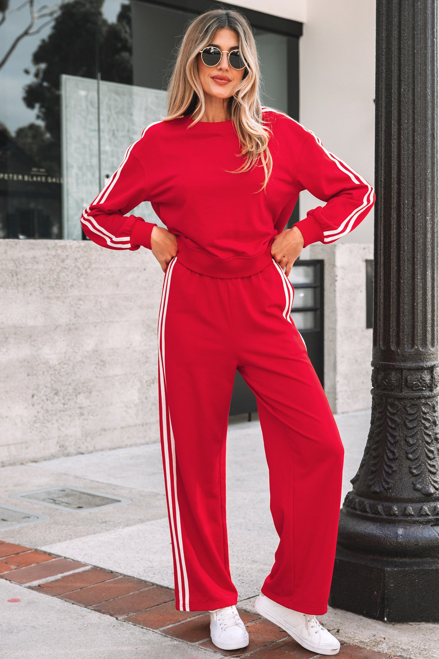 Fiery Red Varsity Striped Detail Crewneck Pullover Elastic Sweatpants 2pcs Outfit-Two Piece Sets/Pant Sets-[Adult]-[Female]-2022 Online Blue Zone Planet