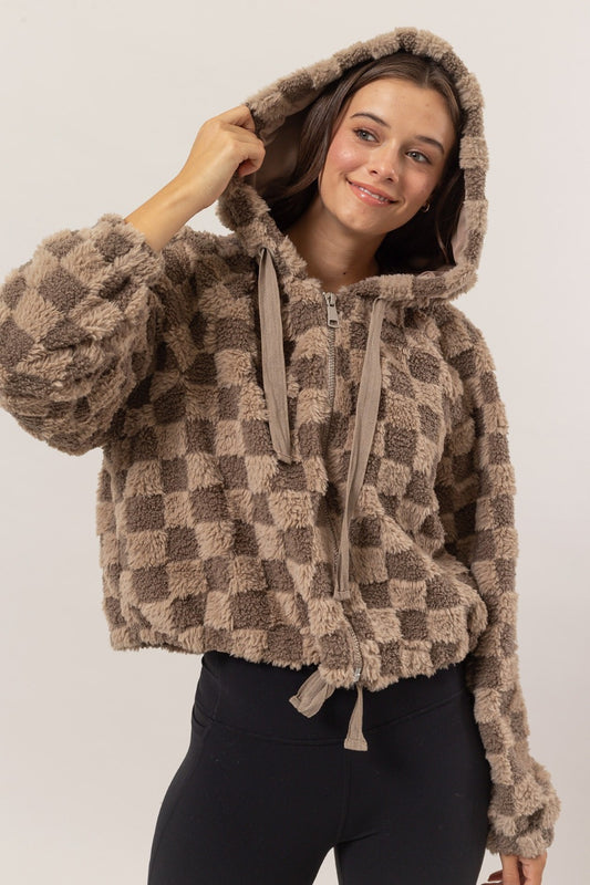 HYFVE Zip Up Sherpa Checkered Hooded Jacket-TOPS / DRESSES-[Adult]-[Female]-Mocha-S-2022 Online Blue Zone Planet