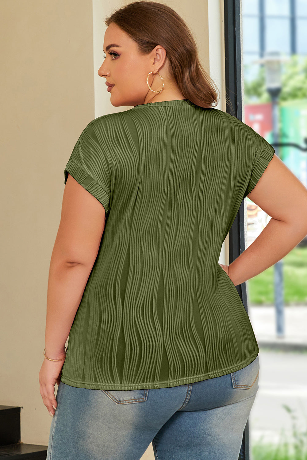 Rose Red Solid Color Wavy Textured Plus Size Tee-Plus Size/Plus Size Tops/Plus Size Tops & Tees-[Adult]-[Female]-2022 Online Blue Zone Planet