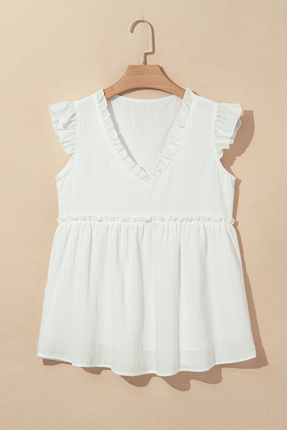 White Textured Ruffled Trim V Neck Flutter Flowy Top-Tops/Blouses & Shirts-[Adult]-[Female]-2022 Online Blue Zone Planet