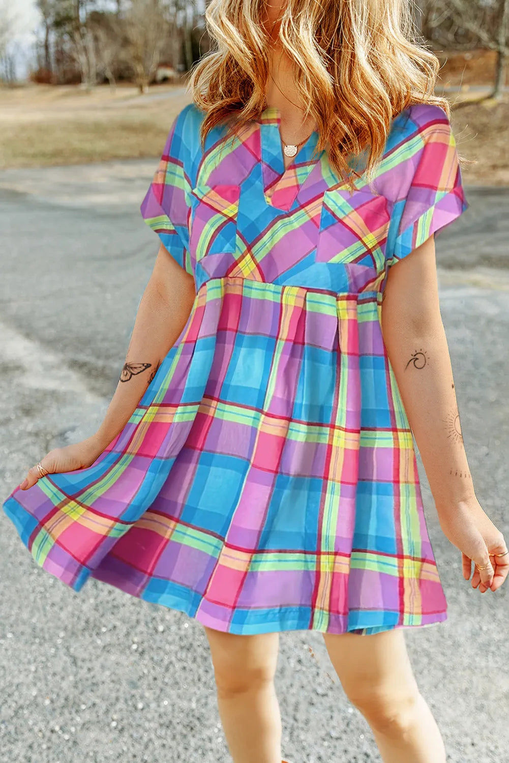 Plaid Notched Short Sleeve Mini Dress-TOPS / DRESSES-[Adult]-[Female]-Plaid-S-2022 Online Blue Zone Planet