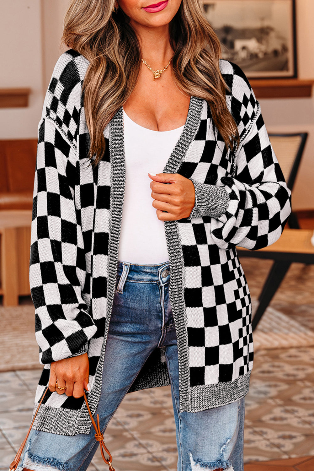 Black Checkered Open Front Drop Shoulder Cardigan-Sweaters & Cardigans/Cardigans-[Adult]-[Female]-2022 Online Blue Zone Planet