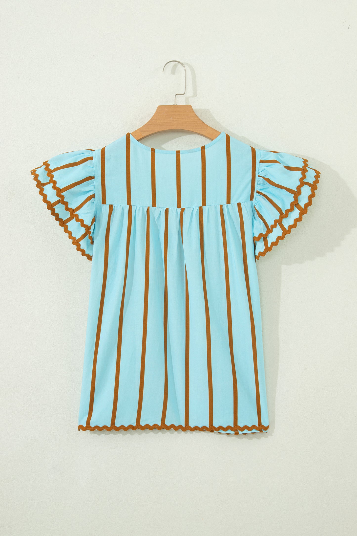 Sky Blue Stripe Ricrac Trim Double Ruffled Short Sleeve V Neck Blouse-Tops/Blouses & Shirts-[Adult]-[Female]-2022 Online Blue Zone Planet