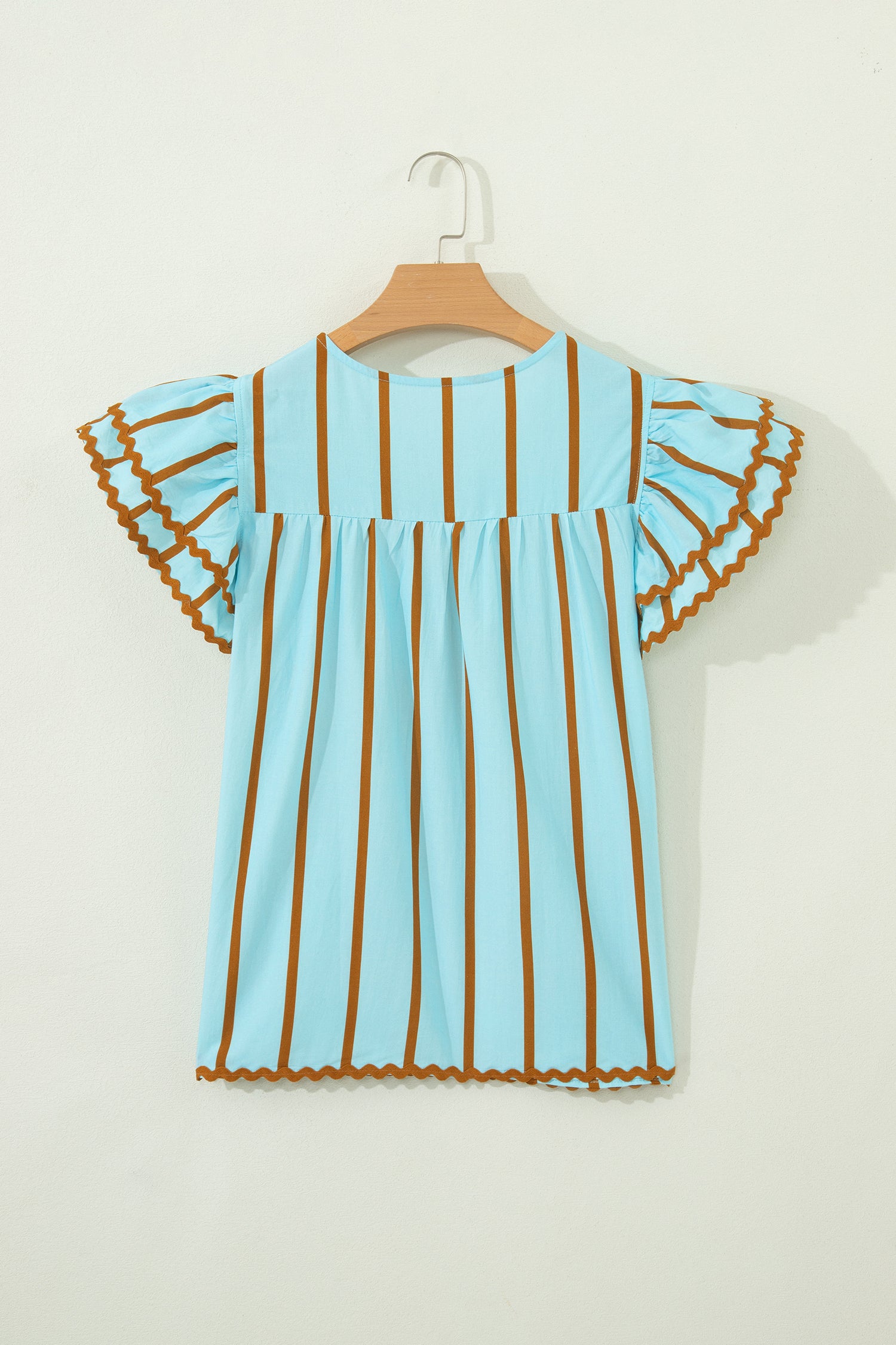 Sky Blue Stripe Ricrac Trim Double Ruffled Short Sleeve V Neck Blouse-Tops/Blouses & Shirts-[Adult]-[Female]-2022 Online Blue Zone Planet