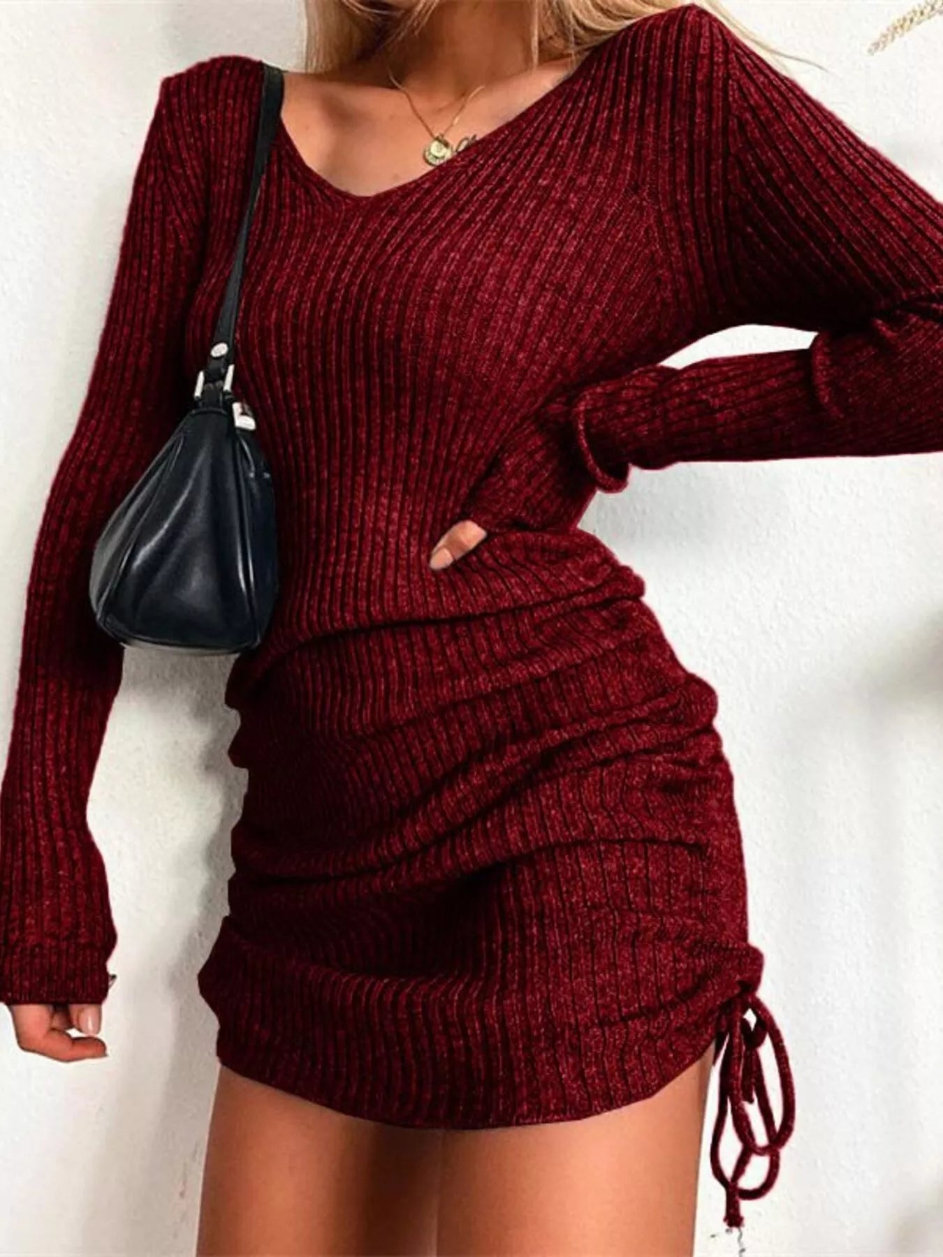 plus size bodycon sweater dress Daring Diva Plus Size Sweater V Neck Ribbed Knit Bodycon Dress 1X Burgundy, Women's, Size: 1XL, Red