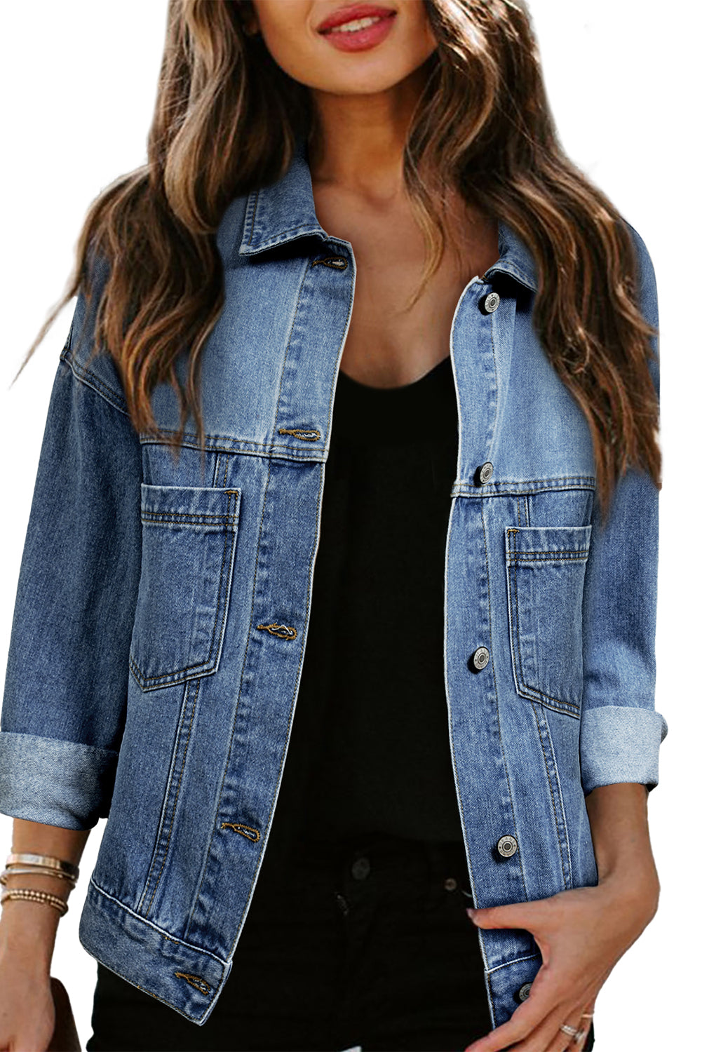 Blue Zone Planet | Sky Blue Stripe Washed Oversized Pocketed Denim Jacket-Jackets-[Adult]-[Female]-2022 Online Blue Zone Planet