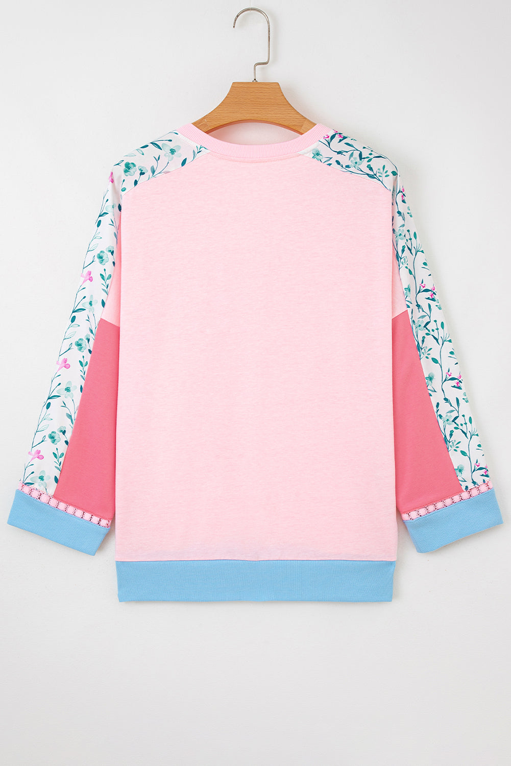 Light Pink Floral Colorblock Patchwork Chest Pocket Notched Neck Long Sleeve Top-Tops/Long Sleeve Tops-[Adult]-[Female]-2022 Online Blue Zone Planet