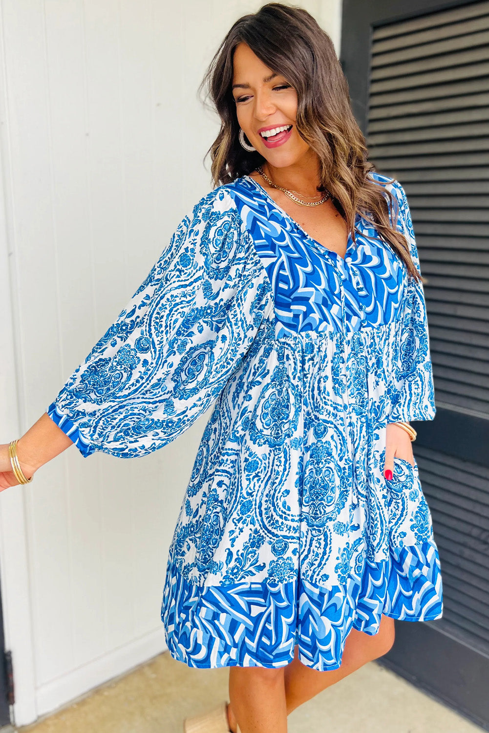 Blue Zone Planet | Sky Blue Bohemian Print Puff Sleeve Tied V Neck Flared Mini Dress-TOPS / DRESSES-[Adult]-[Female]-2022 Online Blue Zone Planet