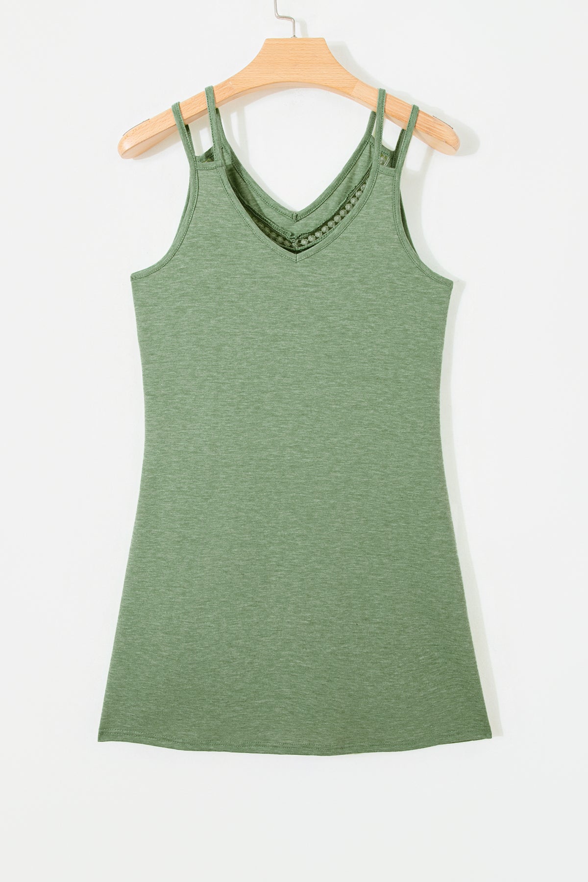 Grass Green Solid Color Lace Detail V Neck Sleeveless Shift Mini Dress-TOPS / DRESSES-[Adult]-[Female]-2022 Online Blue Zone Planet