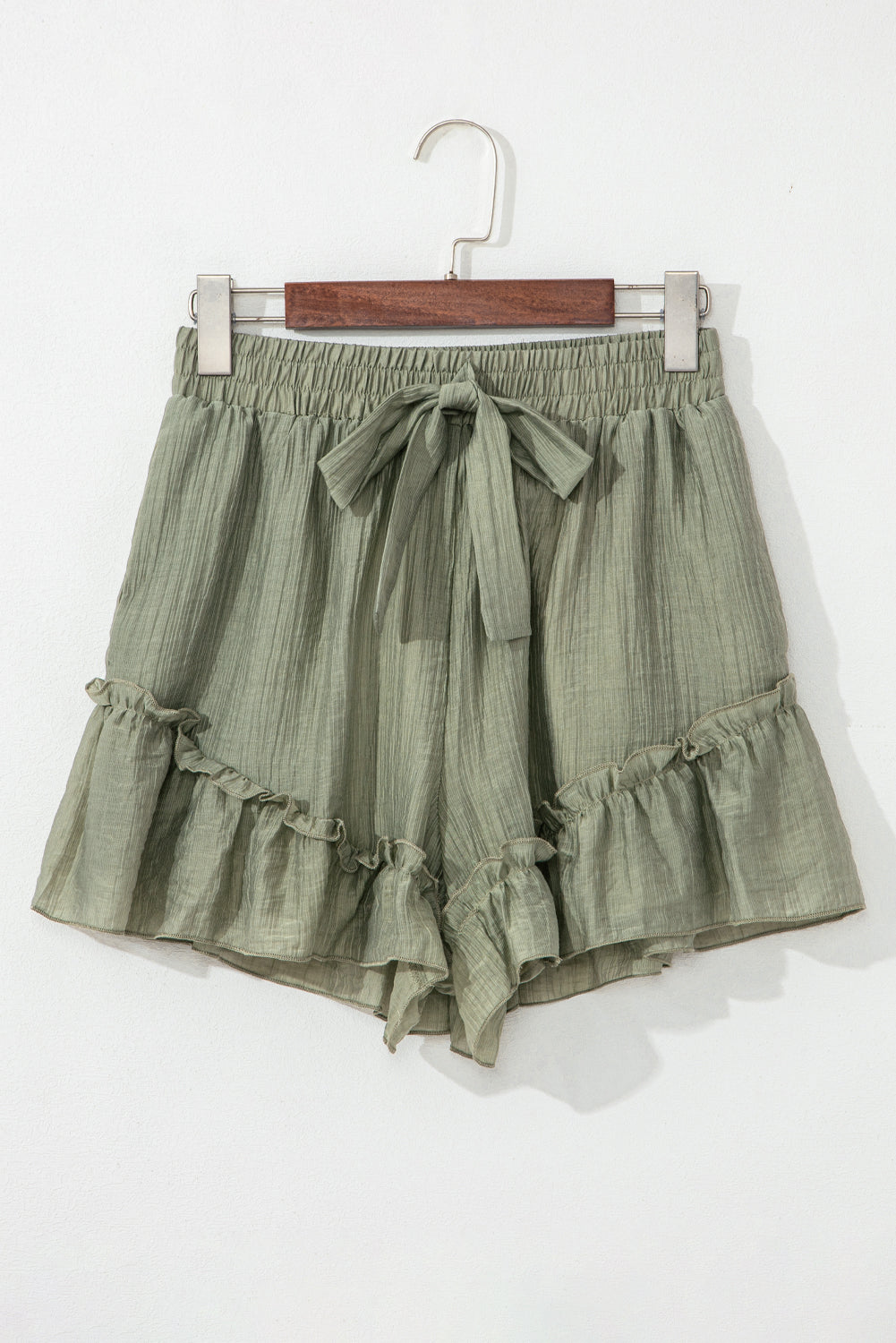 Laurel Green Textured Tie Waist Ruffle Hem Shorts-Bottoms/Casual Shorts-[Adult]-[Female]-2022 Online Blue Zone Planet