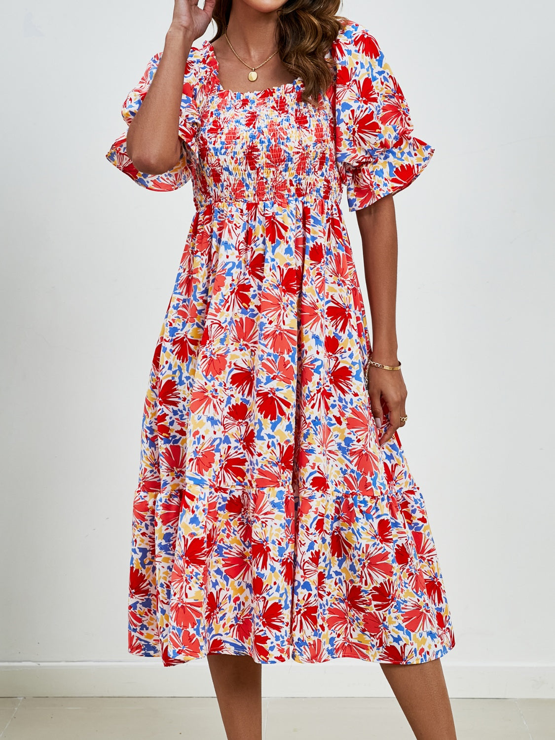 Zone Planet | Smocked Floral Square Neck Short Sleeve Dress