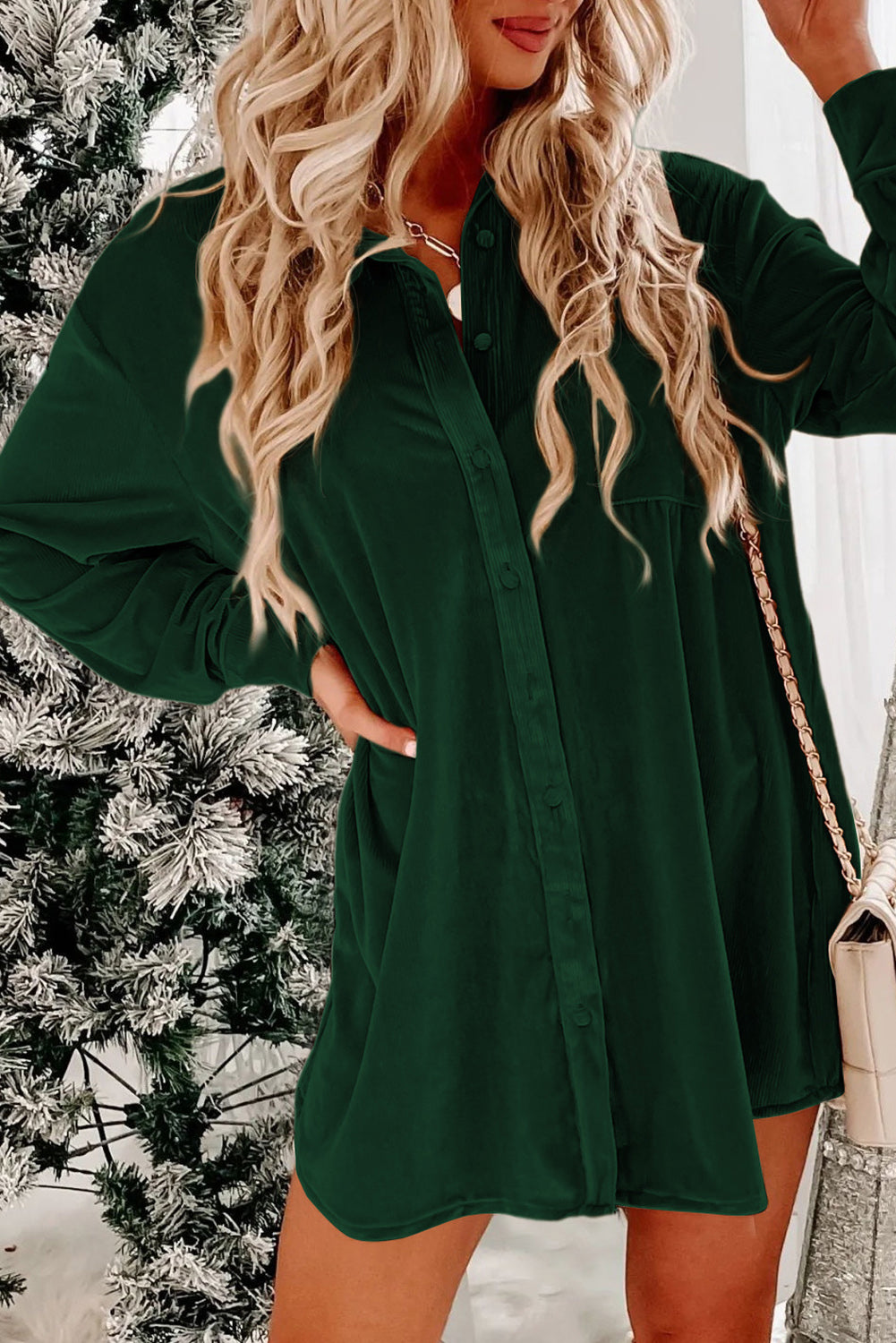 Blue Zone Planet | Blackish Green Velvet Button Front Shirt Mini Dress-TOPS / DRESSES-[Adult]-[Female]-Blackish Green-S-2022 Online Blue Zone Planet