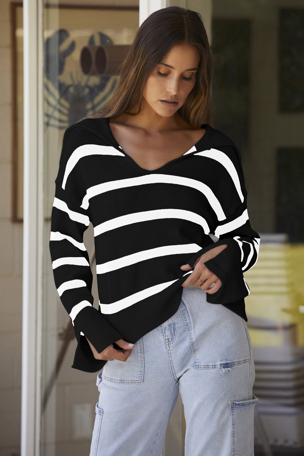 Black Caped V Neck Slit Sleeve Striped/Solid Sweater-TOPS / DRESSES-[Adult]-[Female]-2022 Online Blue Zone Planet