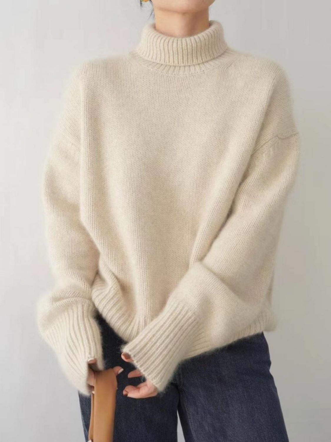 Turtleneck Dropped Shoulder Long Sleeve Sweater-[Adult]-[Female]-2022 Online Blue Zone Planet