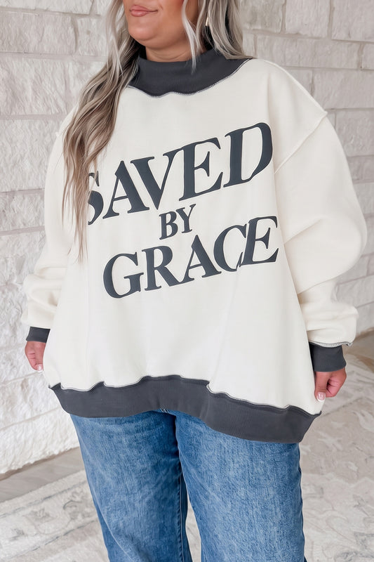 Beige SAVED BY GRACE Letter Print Color Block Mock Neck Plus Size Sweatshirt-Plus Size/Plus Size Sweatshirts & Hoodies-[Adult]-[Female]-Beige-1X-2022 Online Blue Zone Planet