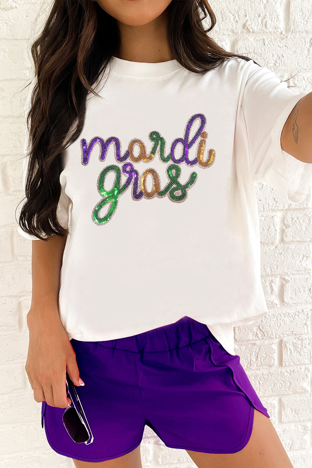 Blue Zone Planet | White Sequin mardi gras Letter Print Crewneck Tee-Graphic Tees-[Adult]-[Female]-White-S-2022 Online Blue Zone Planet